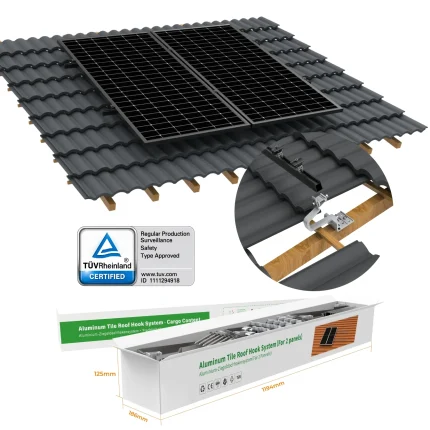 Ziegeldach-Montageset LV-T084 für 2 Solarmodule mit schwarzen Schienen, Dachhaken und TÜV-Rheinland-Prüfzeichen